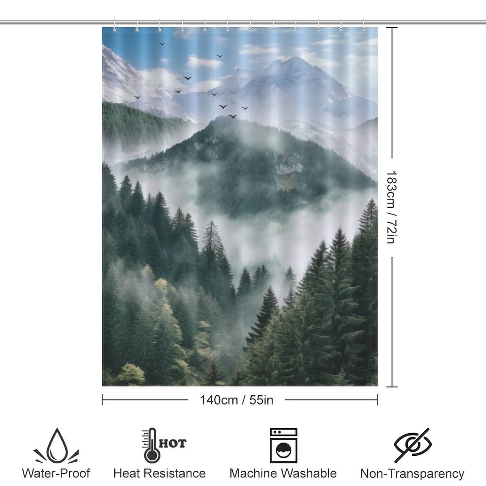 A Misty Forest Shower Curtain from Cotton Cat, made of polyester.