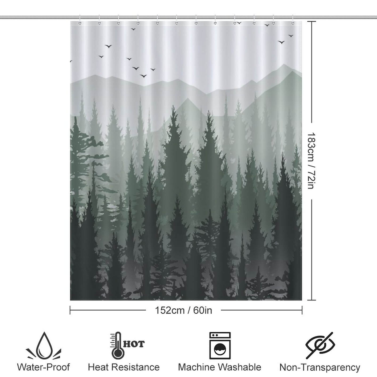 A minimalist design Green Misty Forest Shower Curtain-Cottoncat, featuring trees and birds, that is waterproof, by Cotton Cat.