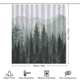A Green Misty Forest Shower Curtain by Cotton Cat, featuring trees and birds in a forest.