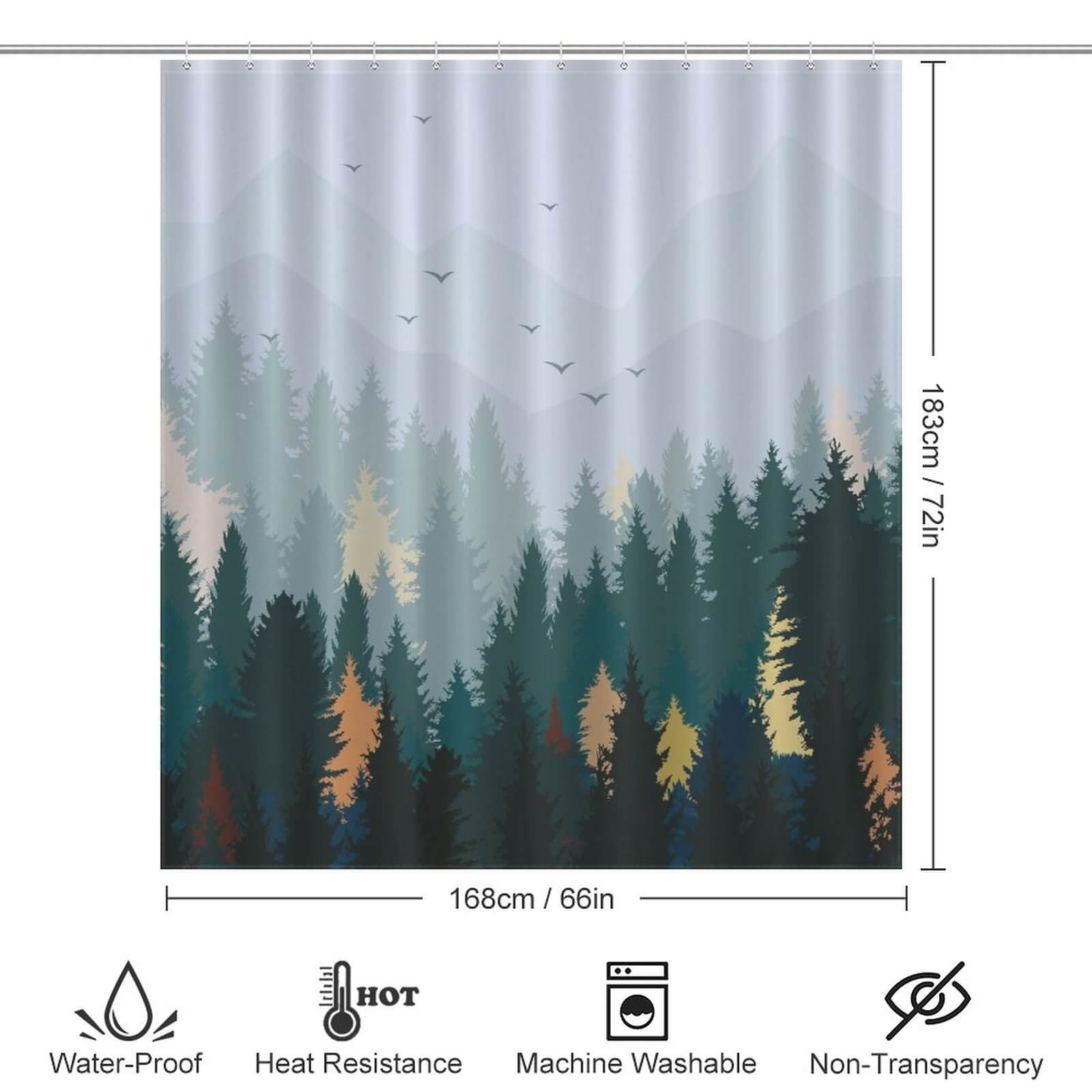 A Pine Forest Shower Curtain from Cotton Cat, with trees and birds, ideal for bathroom decor.