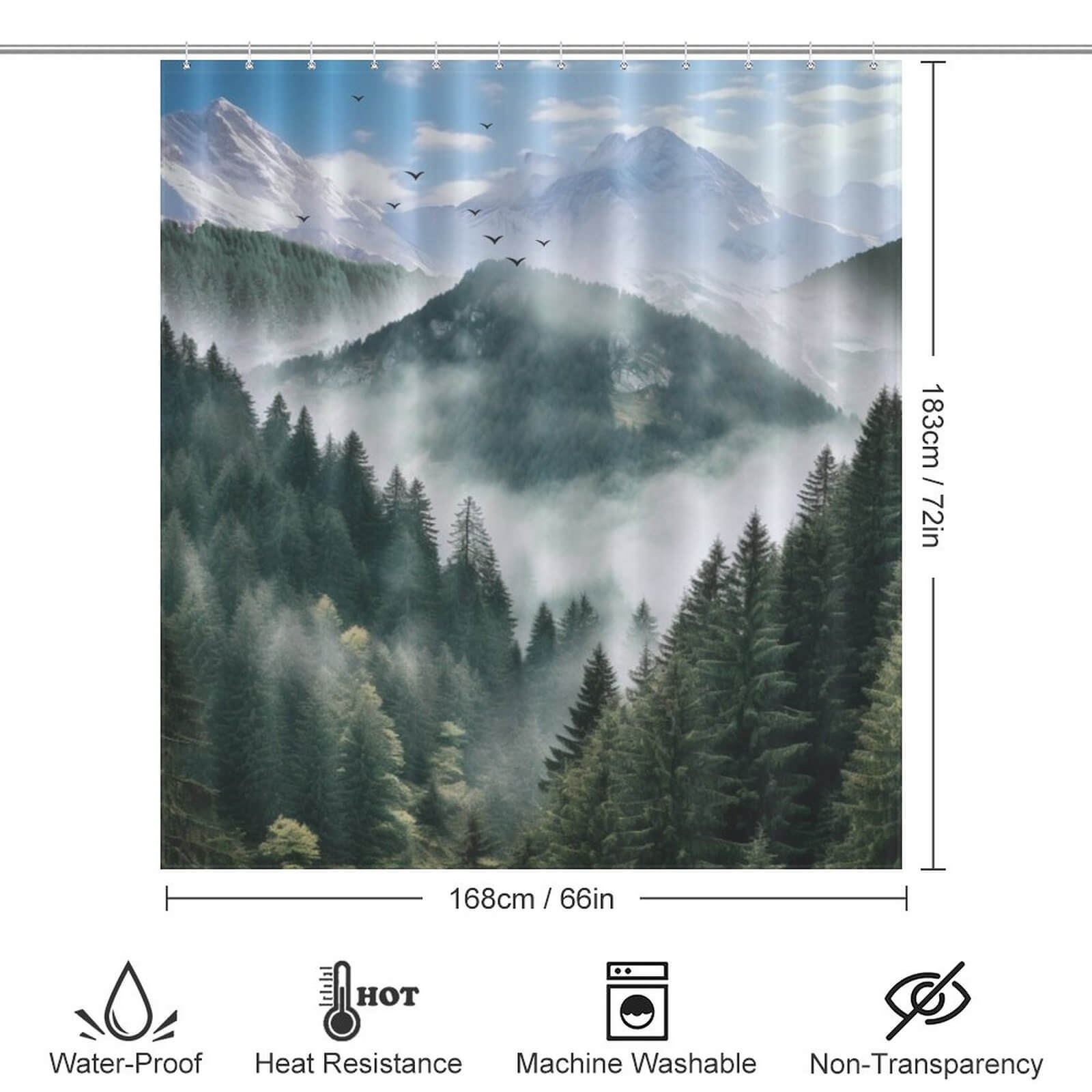 A Misty Forest Shower Curtain by Cotton Cat with a view of mountains and fog.