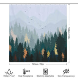 A Pine Forest Shower Curtain by Cotton Cat, featuring trees and birds, perfect for bathroom decor.