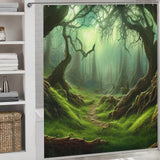 This Tropical Forest Shower Curtain from Cotton Cat features a realistic image of a forest path. Made from 100% polyester, it adds a touch of nature to your bathroom.