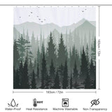 A Green Misty Forest Shower Curtain from Cotton Cat, with trees and birds on it, made from waterproof material.