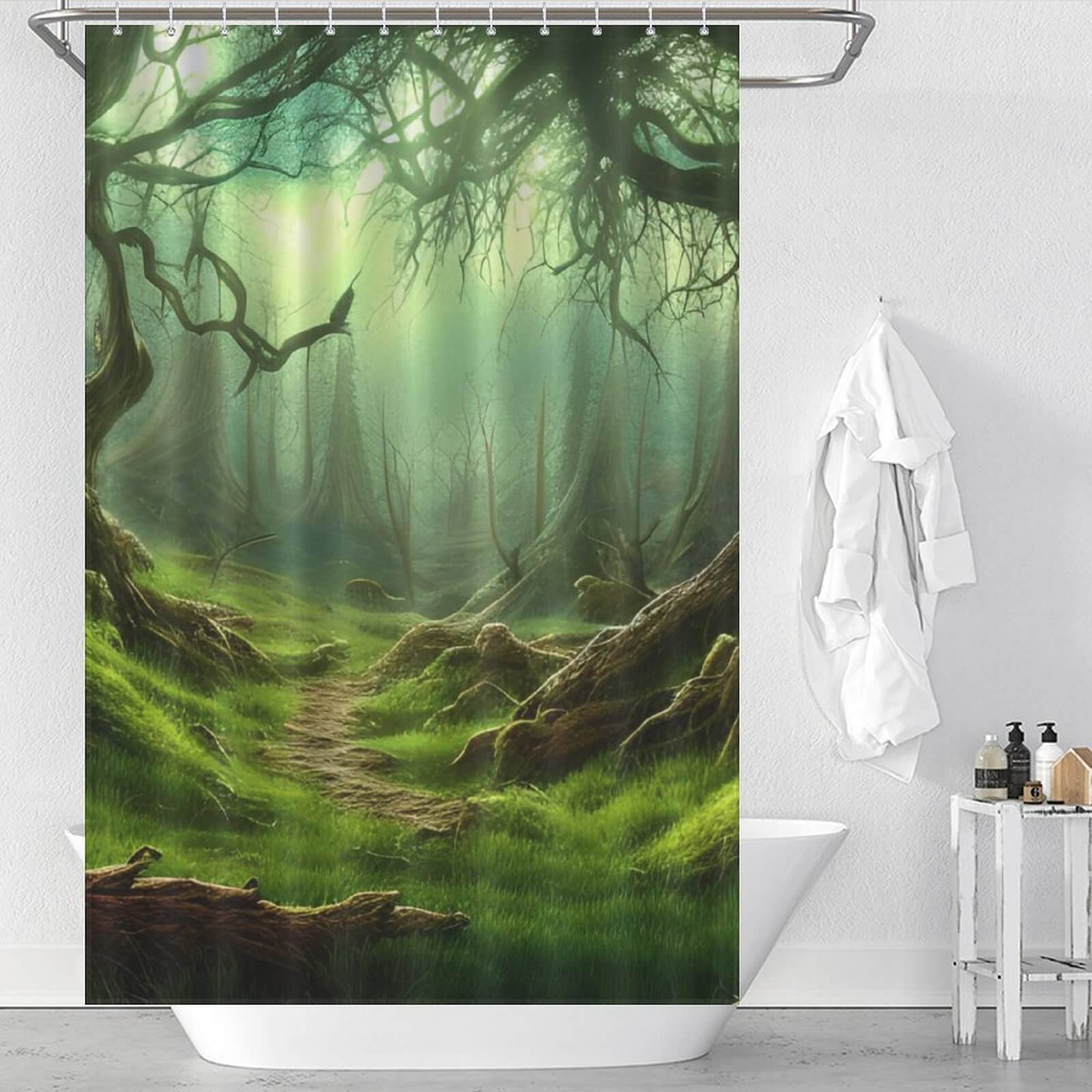 A Tropical Forest Shower Curtain featuring a realistic image of a forest path by Cotton Cat.