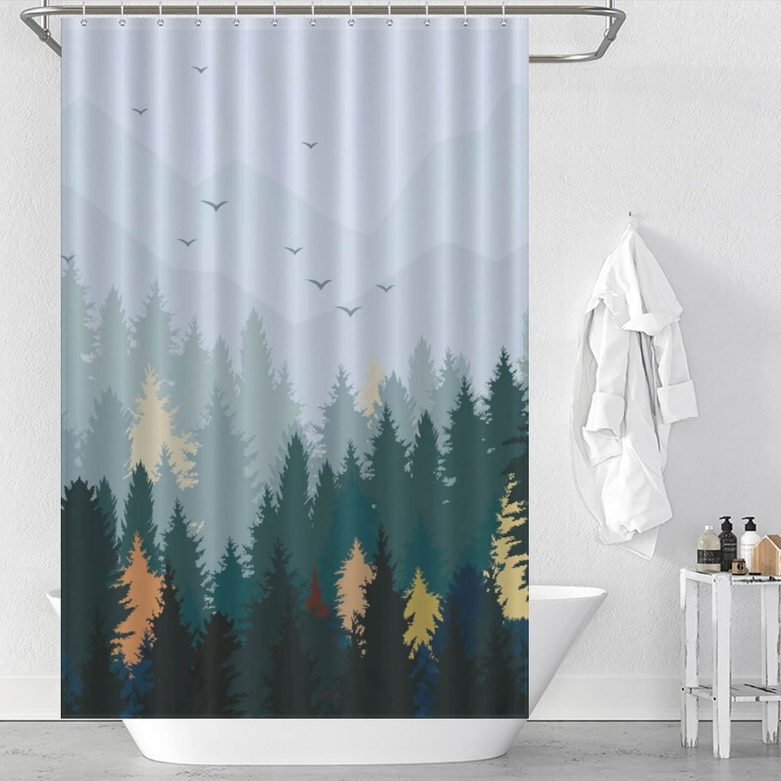 A waterproof Pine Forest Shower Curtain from Cotton Cat, perfect for bathroom decor.