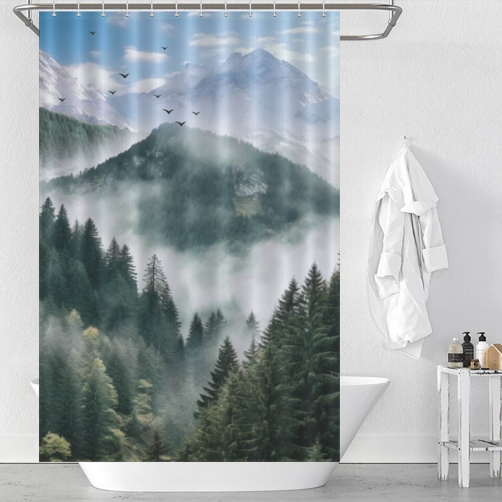 A Misty Forest Shower Curtain from Cotton Cat, made of polyester.