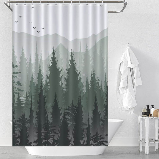 A Green Misty Forest Shower Curtain-Cottoncat with trees and birds on it, that is waterproof.