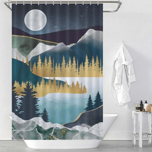 This Boho Forest Shower Curtain-Cottoncat features a boho forest design with mountains, trees, and a moon.