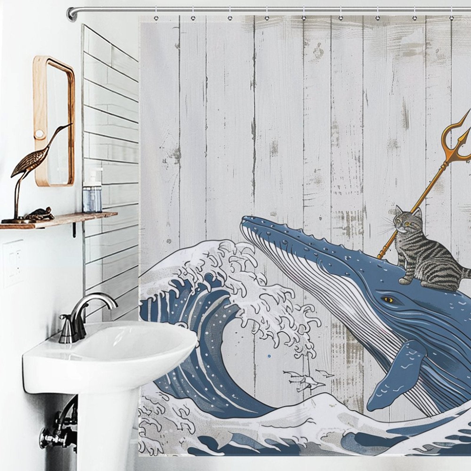 Funny Brave Cat Riding Whale Shower Curtain