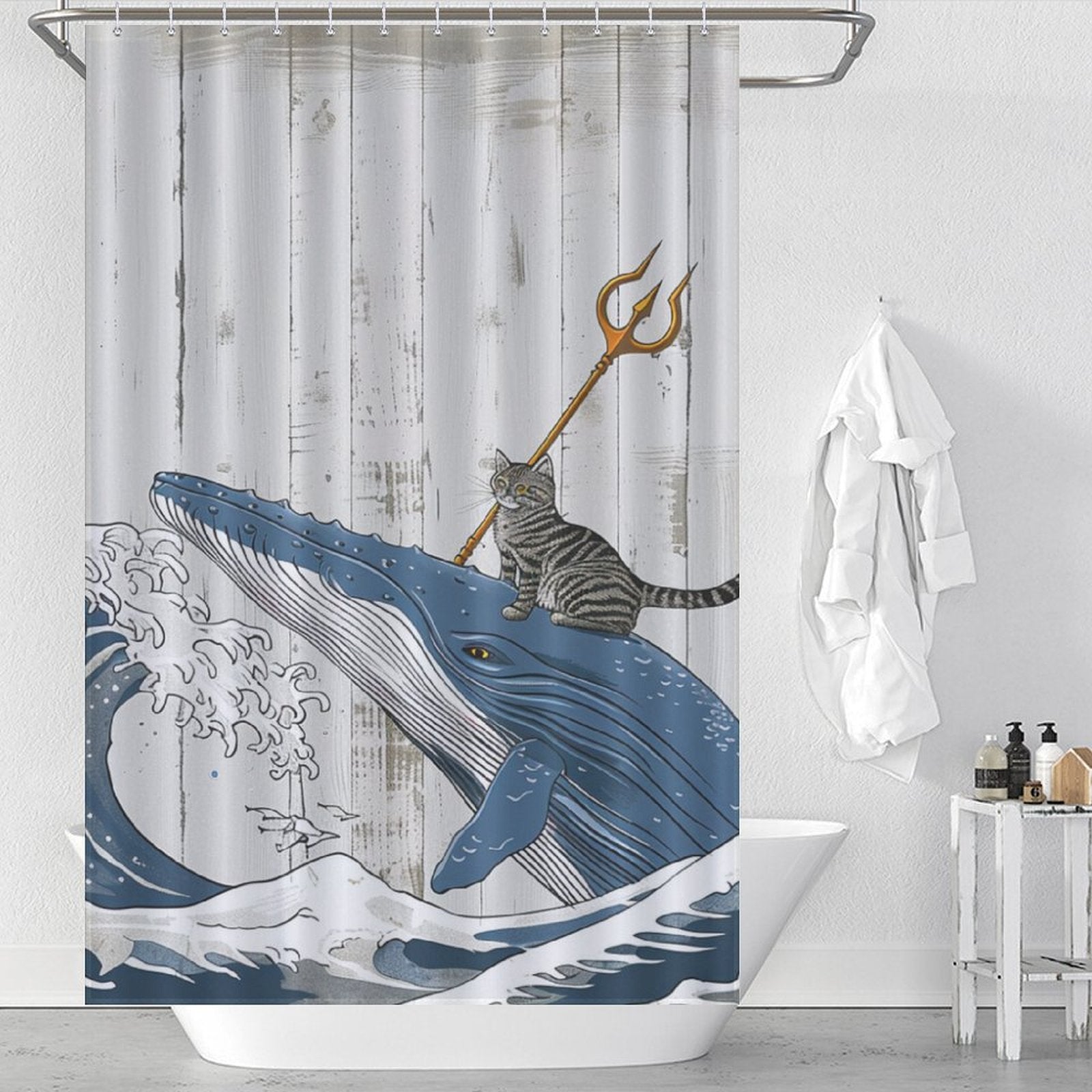 Funny Brave Cat Riding Whale Shower Curtain