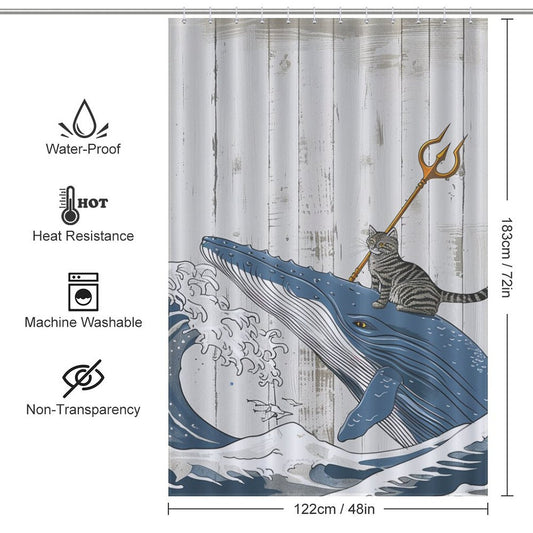 Funny Brave Cat Riding Whale Shower Curtain