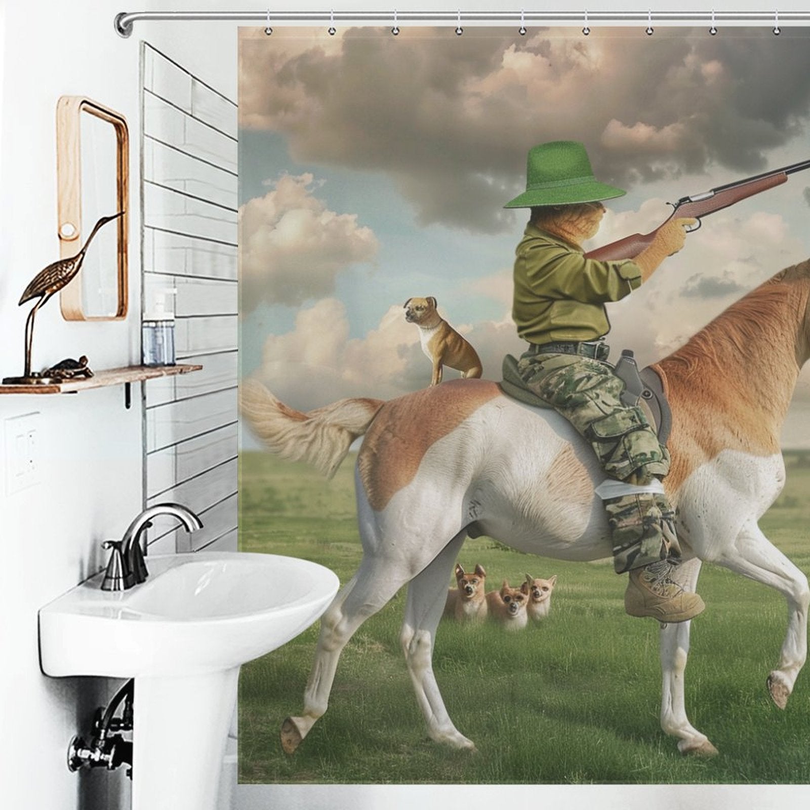 Funny Cat Riding Horse Grassland Shower Curtain