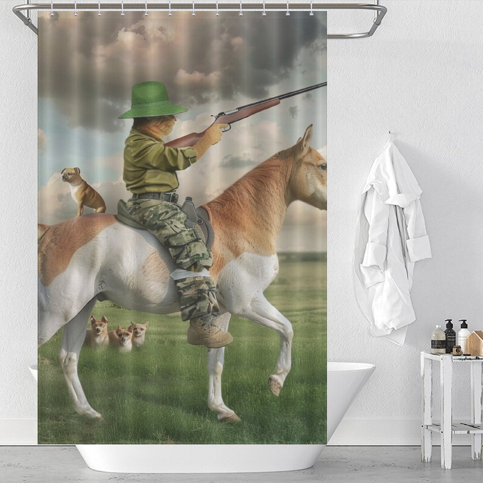 Funny Cat Riding Horse Grassland Shower Curtain