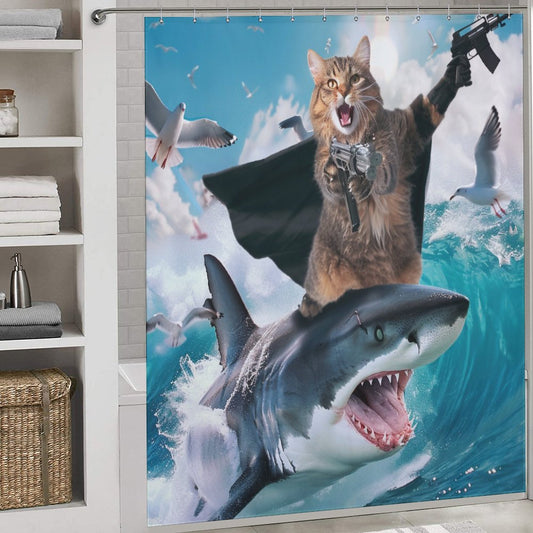 Funny Cat Riding Shark Ocean Shower Curtain