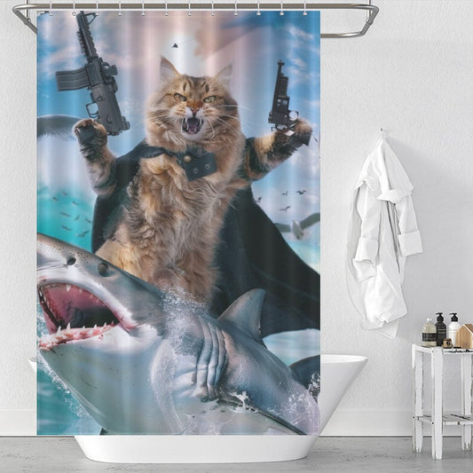 Funny Cat Riding Shark Shower Curtain
