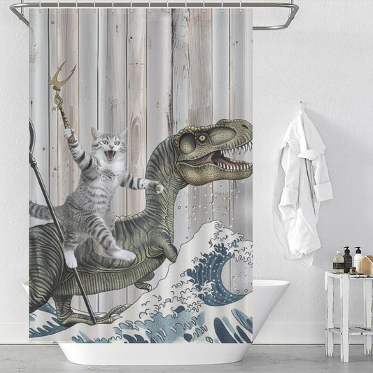 Funny Cat Riding Trex Shower Curtain