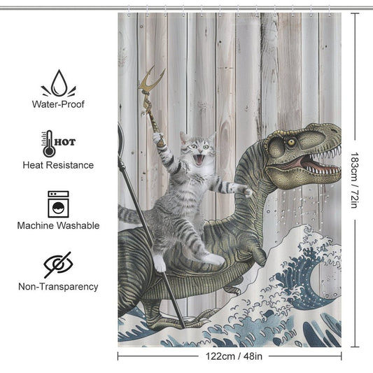 Funny Cat Riding Trex Shower Curtain