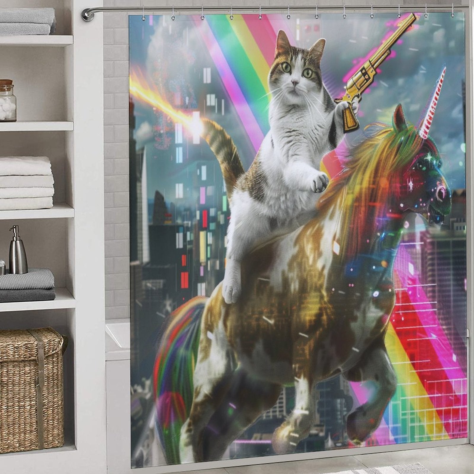 Funny Cat Riding Unicorn with Gun Shower Curtain