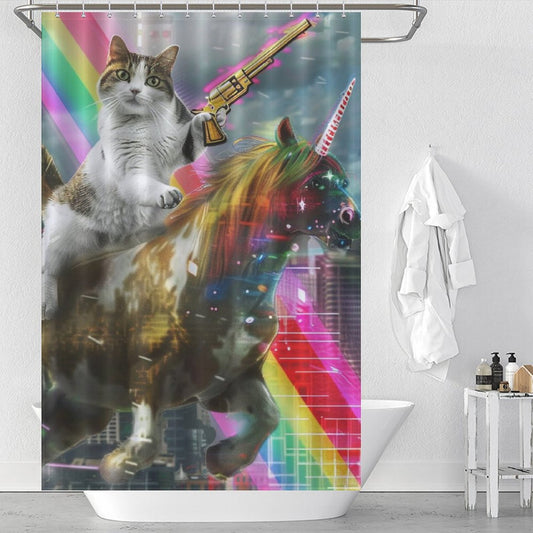Funny Cat Riding Unicorn with Gun Shower Curtain