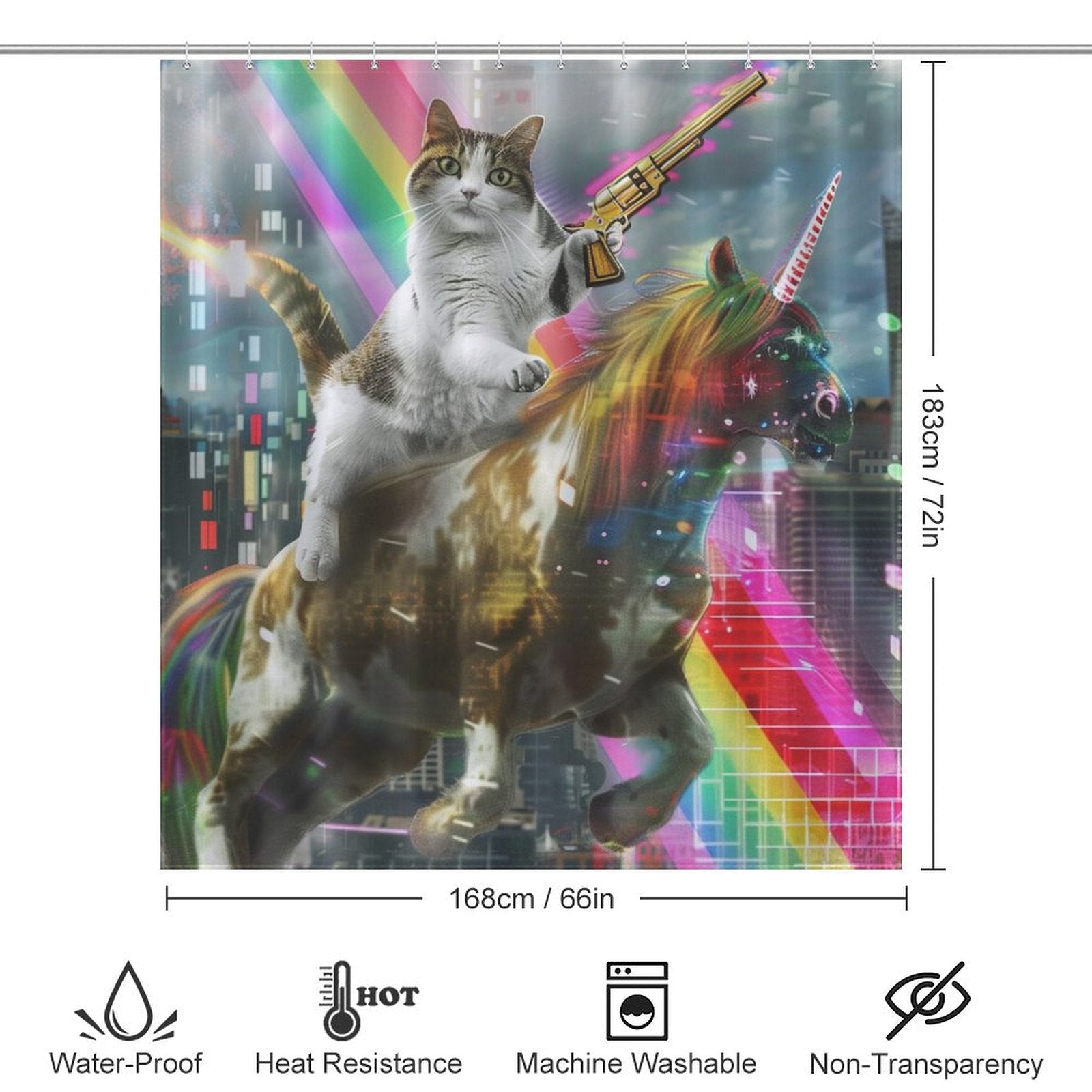 Funny Cat Riding Unicorn with Gun Shower Curtain