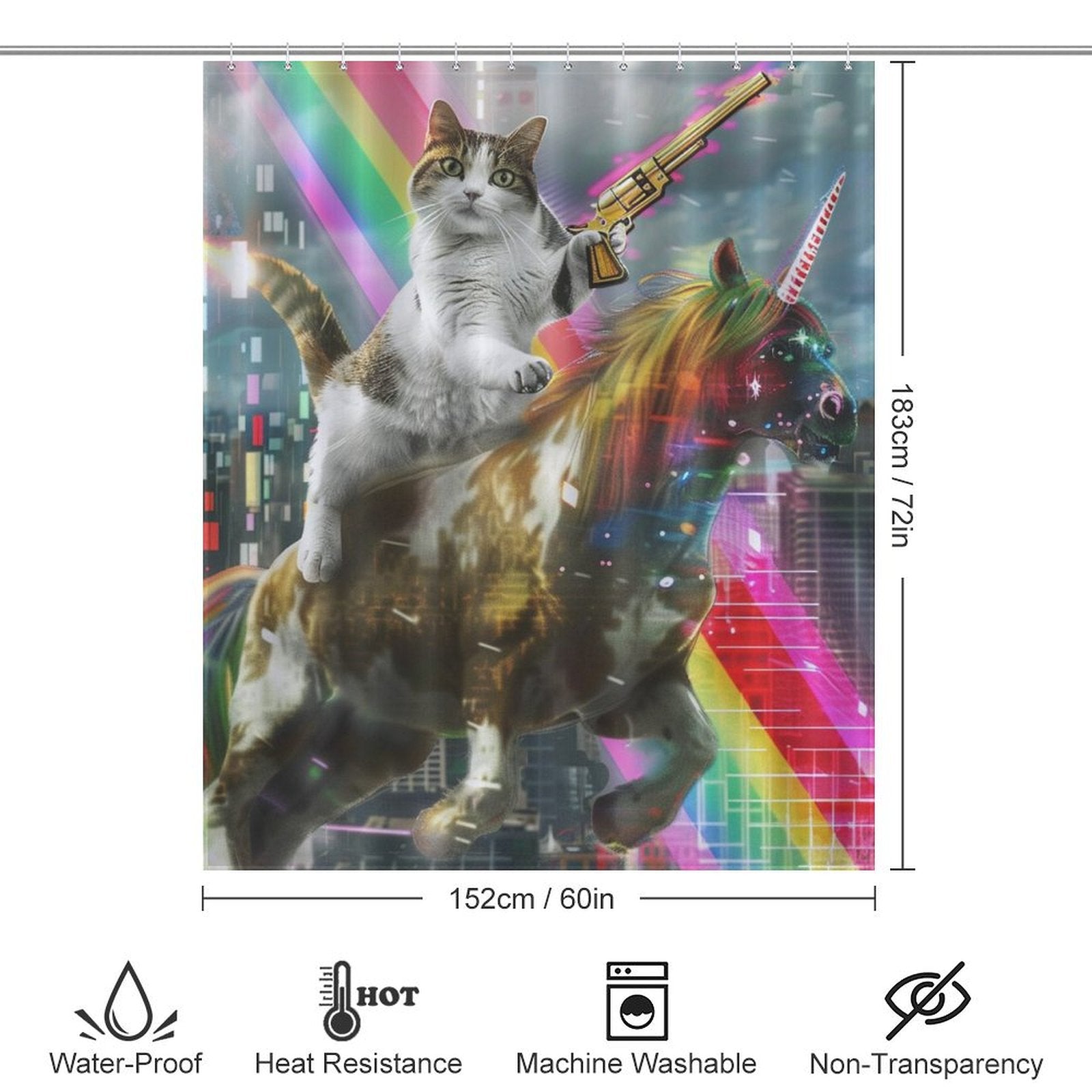 Funny Cat Riding Unicorn with Gun Shower Curtain