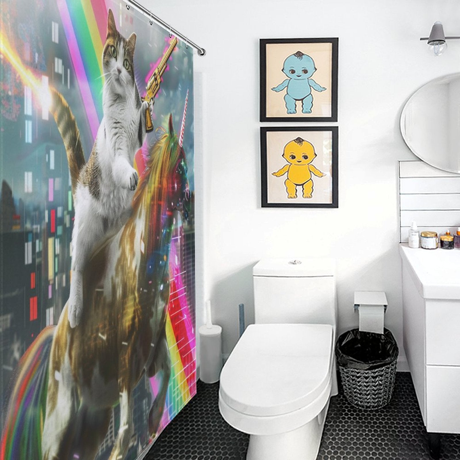 Funny Cat Riding Unicorn with Gun Shower Curtain