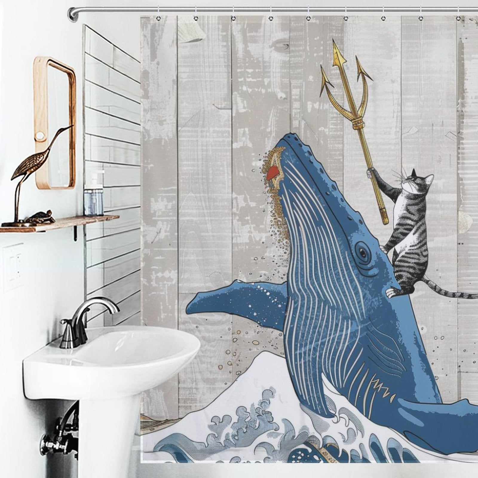 Funny Cat Riding Whale Shower Curtain