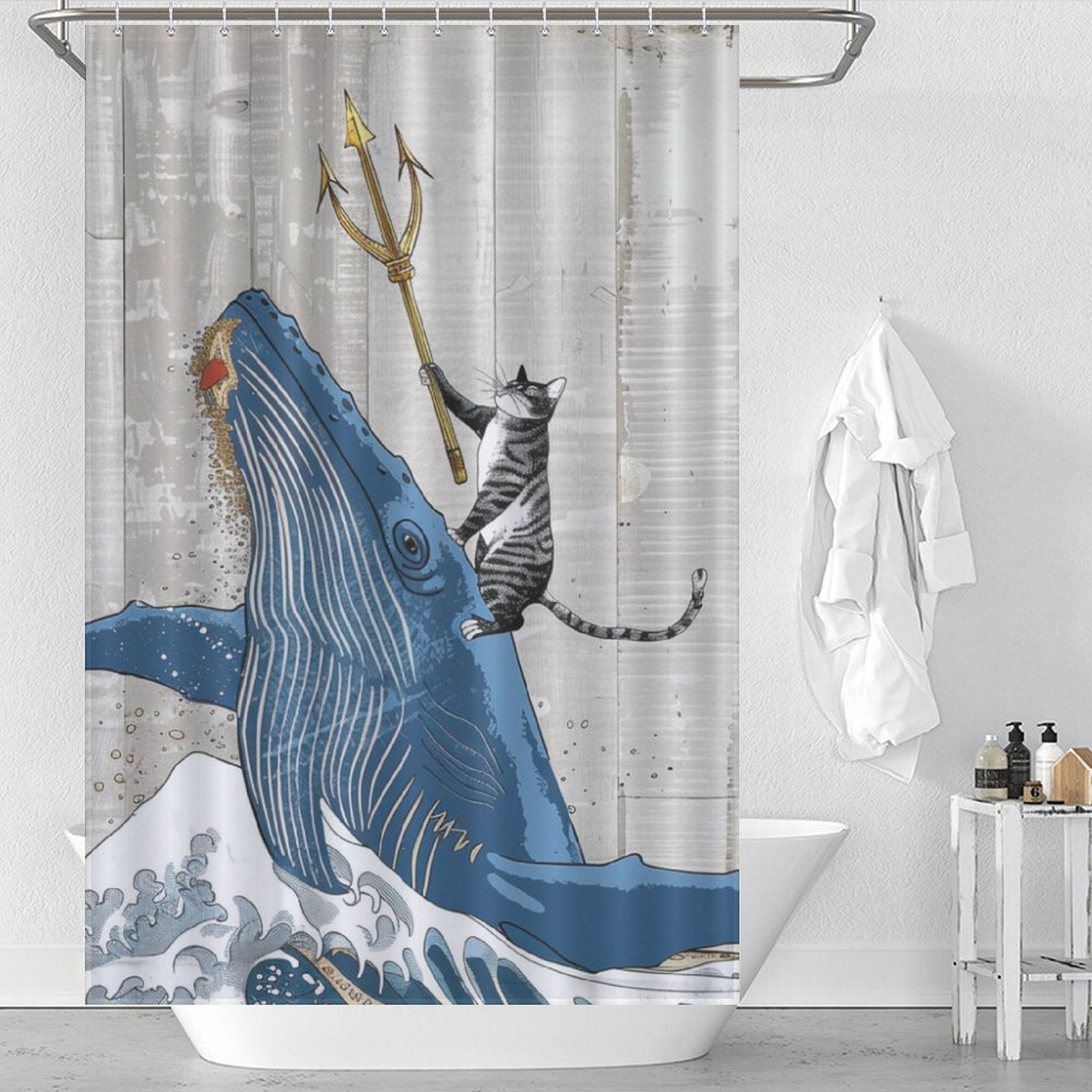 Funny Cat Riding Whale Shower Curtain