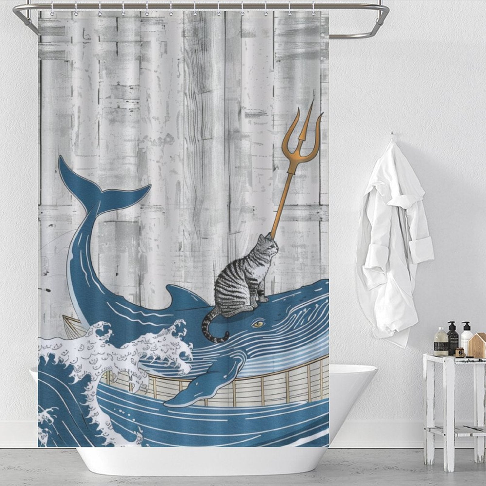 Funny Cat Trident Arrow Whale Shower Curtain