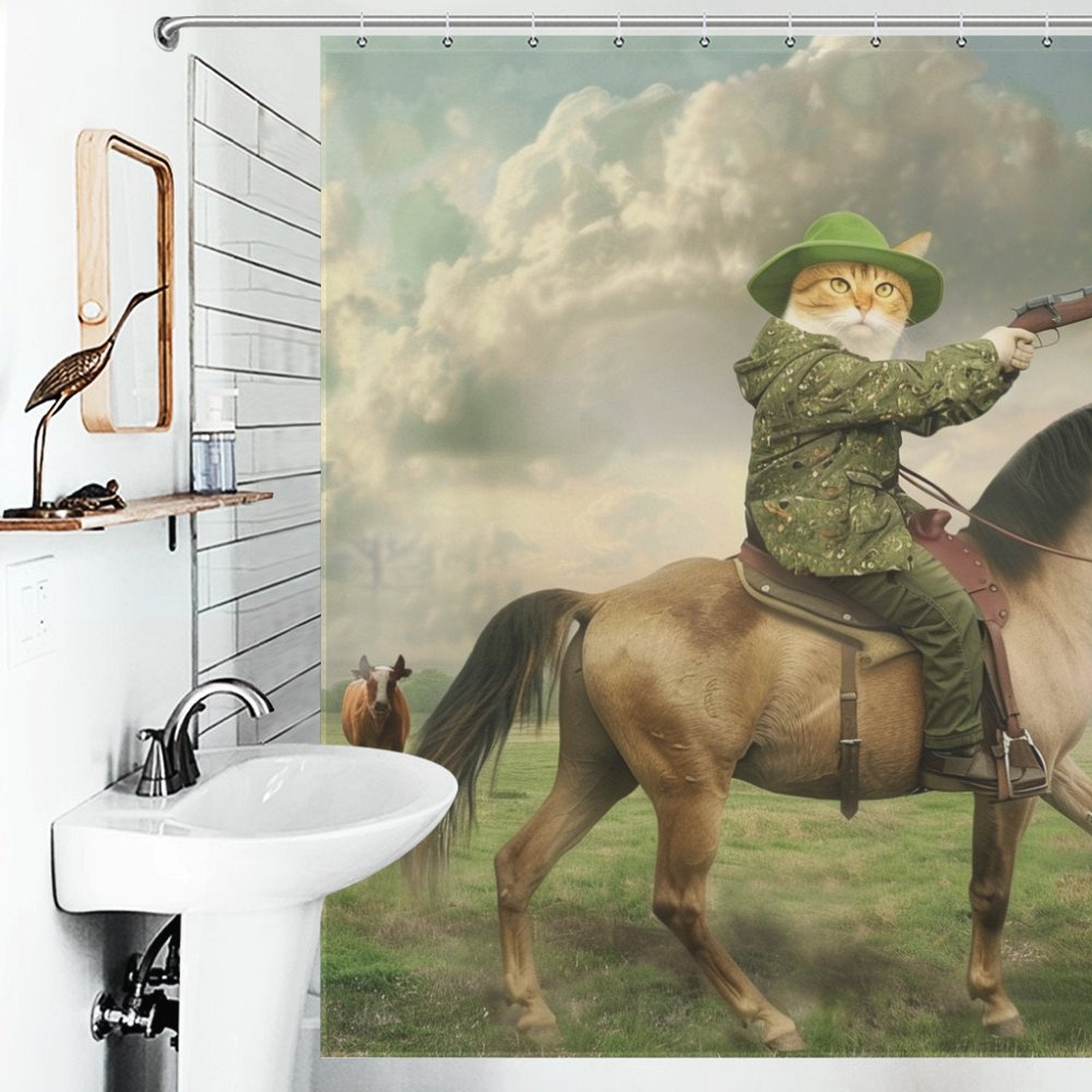 Funny Cowboy Cat Riding Horse Shower Curtain