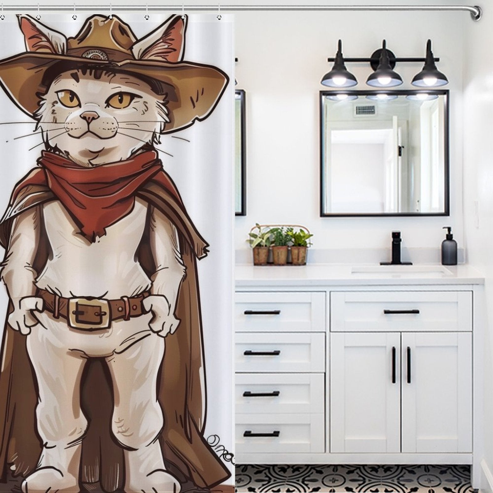 Funny Cute Cartoon Cowboy Cat Shower Curtain