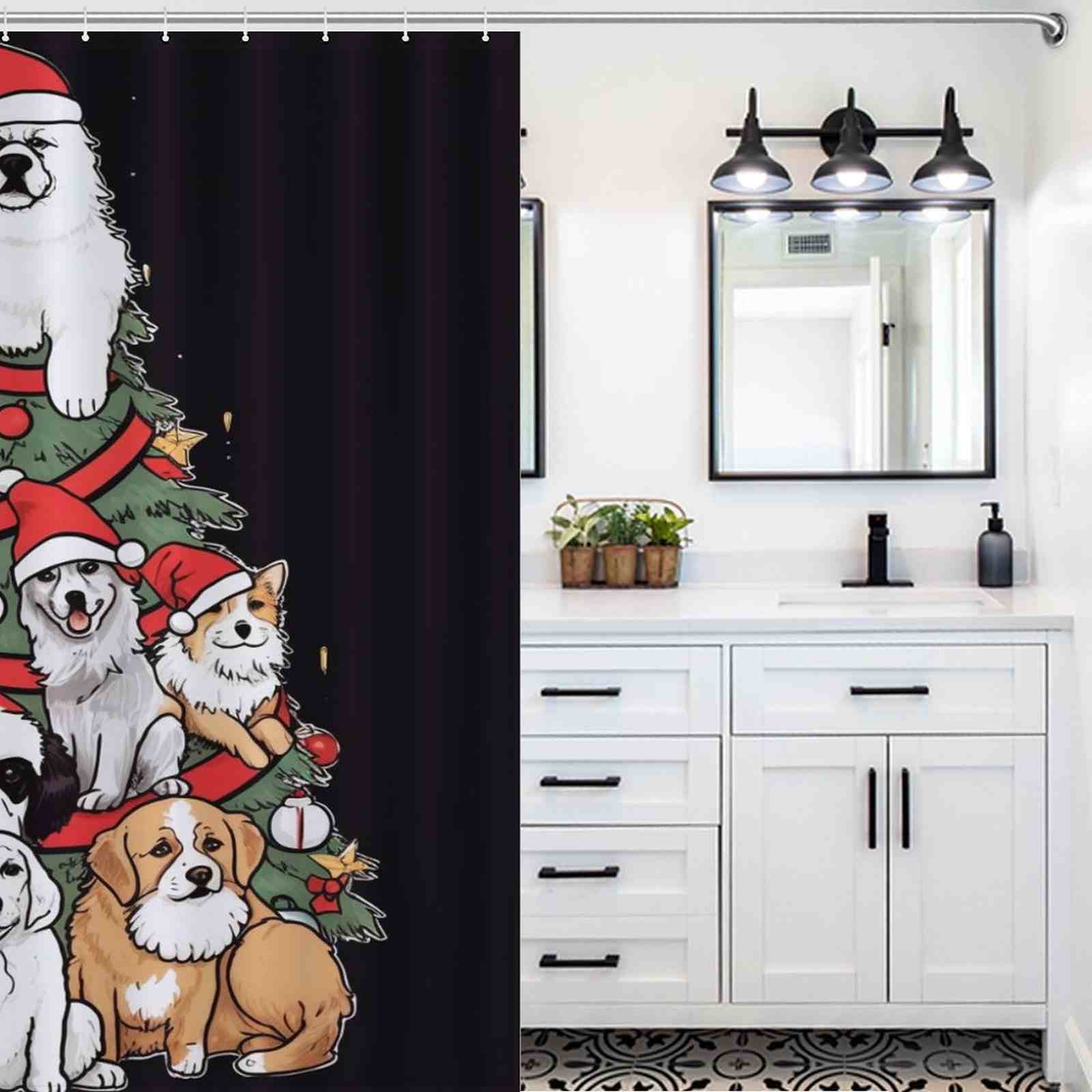 This Cotton Cat Funny Dog Christmas Tree Shower Curtain adds festive charm to any bathroom decor with its depiction of dogs on a Christmas tree.