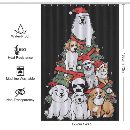 A Funny Dog Christmas Tree Shower Curtain with Santa hats, adding holiday cheer to your bathroom decor, brought to you by Cotton Cat.