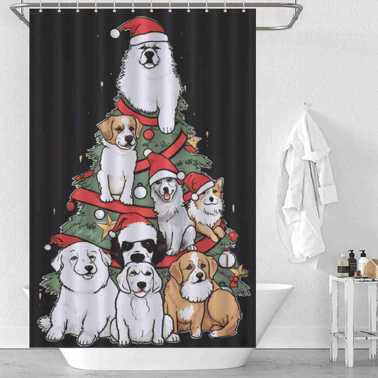 A hilarious Funny Dog Tree  Christmas Shower Curtain featuring dogs frolicking on a beautifully decorated Christmas tree by Cotton Cat.