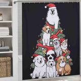 Add a touch of holiday atmosphere to your bathroom decor with this festive Funny Dog Christma Tree shower curtain by Cotton Cat, featuring funny dogs in Santa hats.