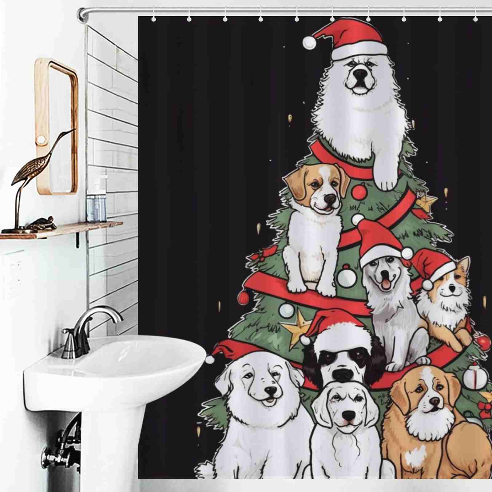 A bathroom with a Cotton Cat Funny Dog Christmas Tree Shower Curtain, spreading Holiday Cheer.