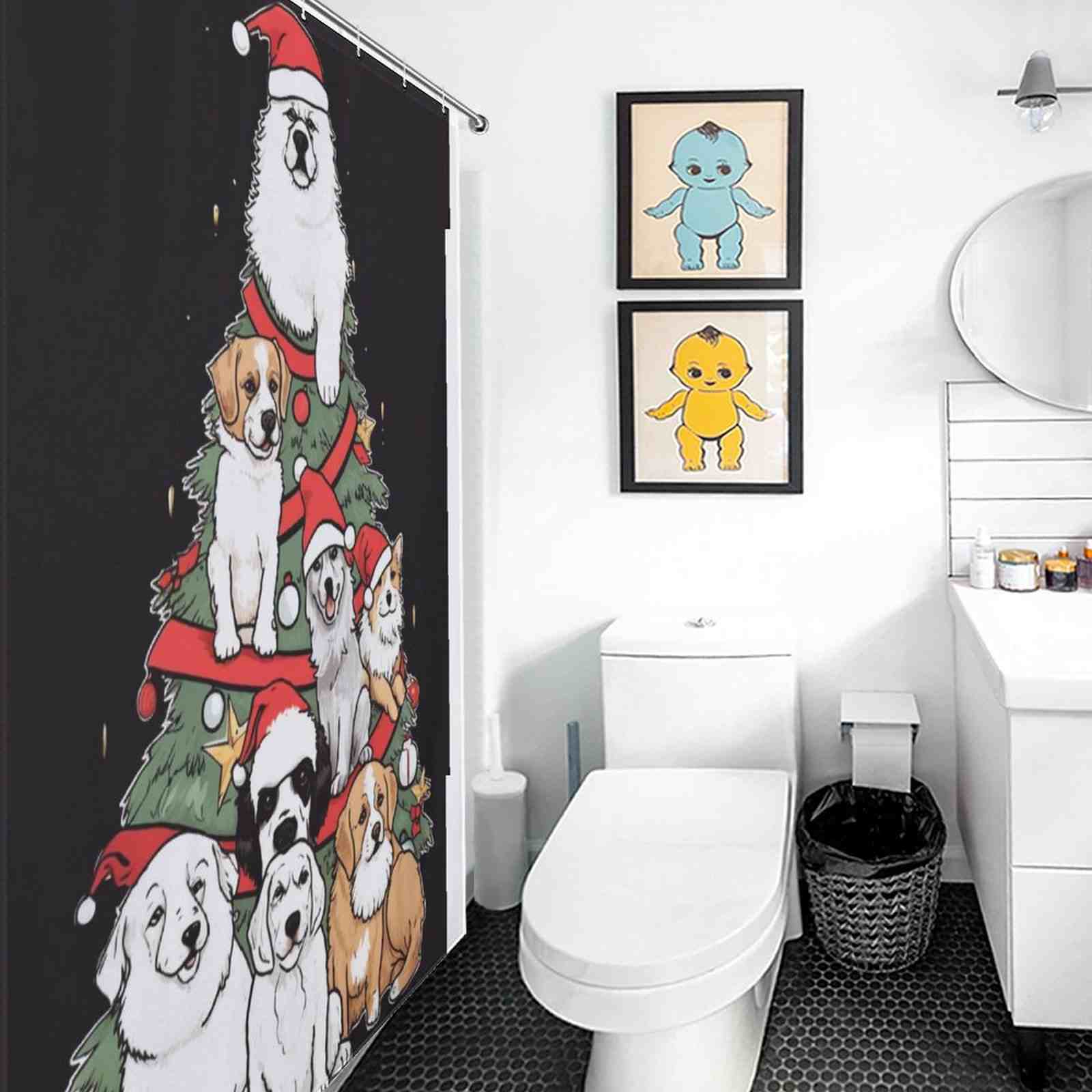 Transform your bathroom decor with a hilarious twist by adding a Funny Dog Christmas Tree shower curtain featuring funny dogs and decorated trees from Cotton Cat.