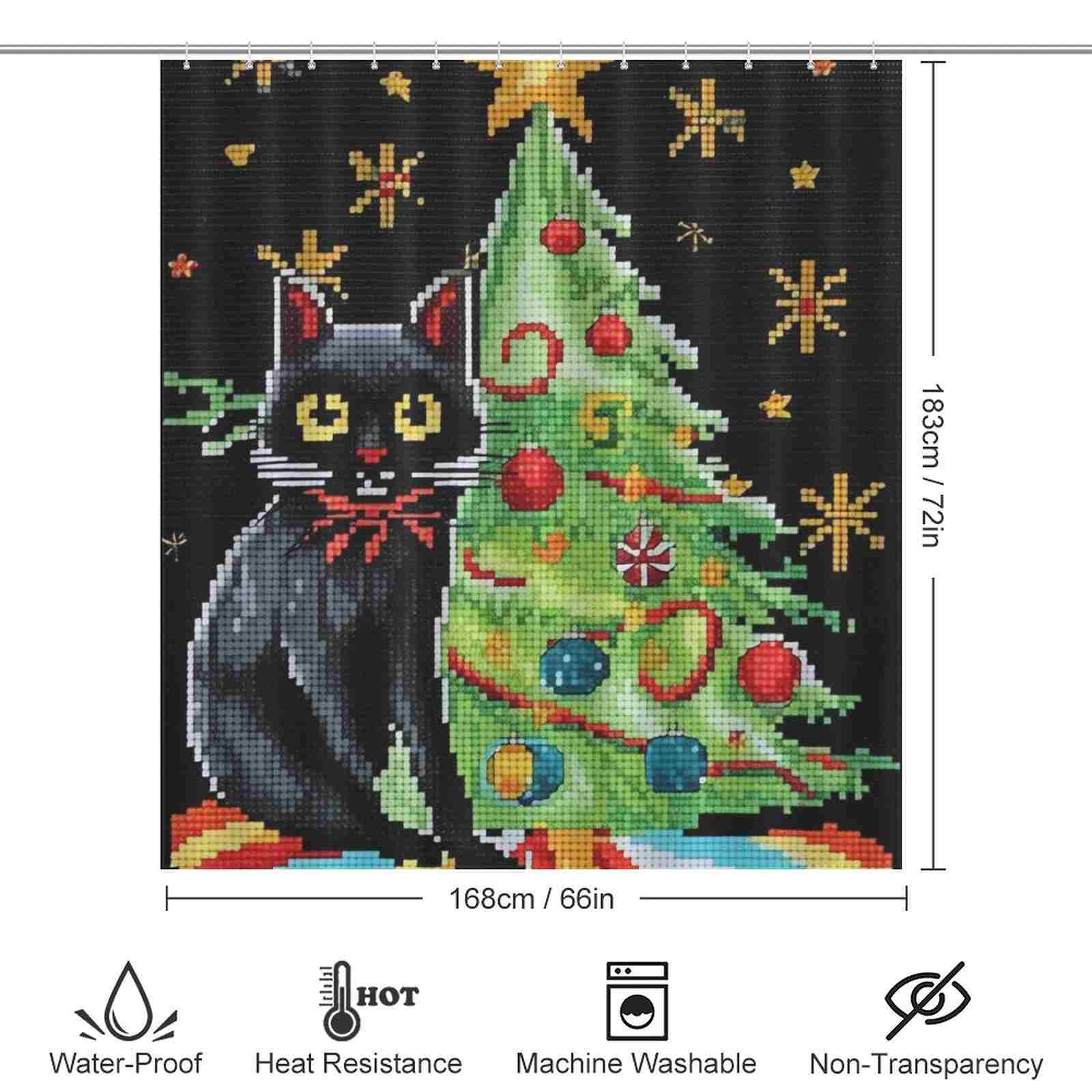 A Funny Mosaic Black Cat Christmas Shower Curtain from Cotton Cat lounging next to a Christmas tree.