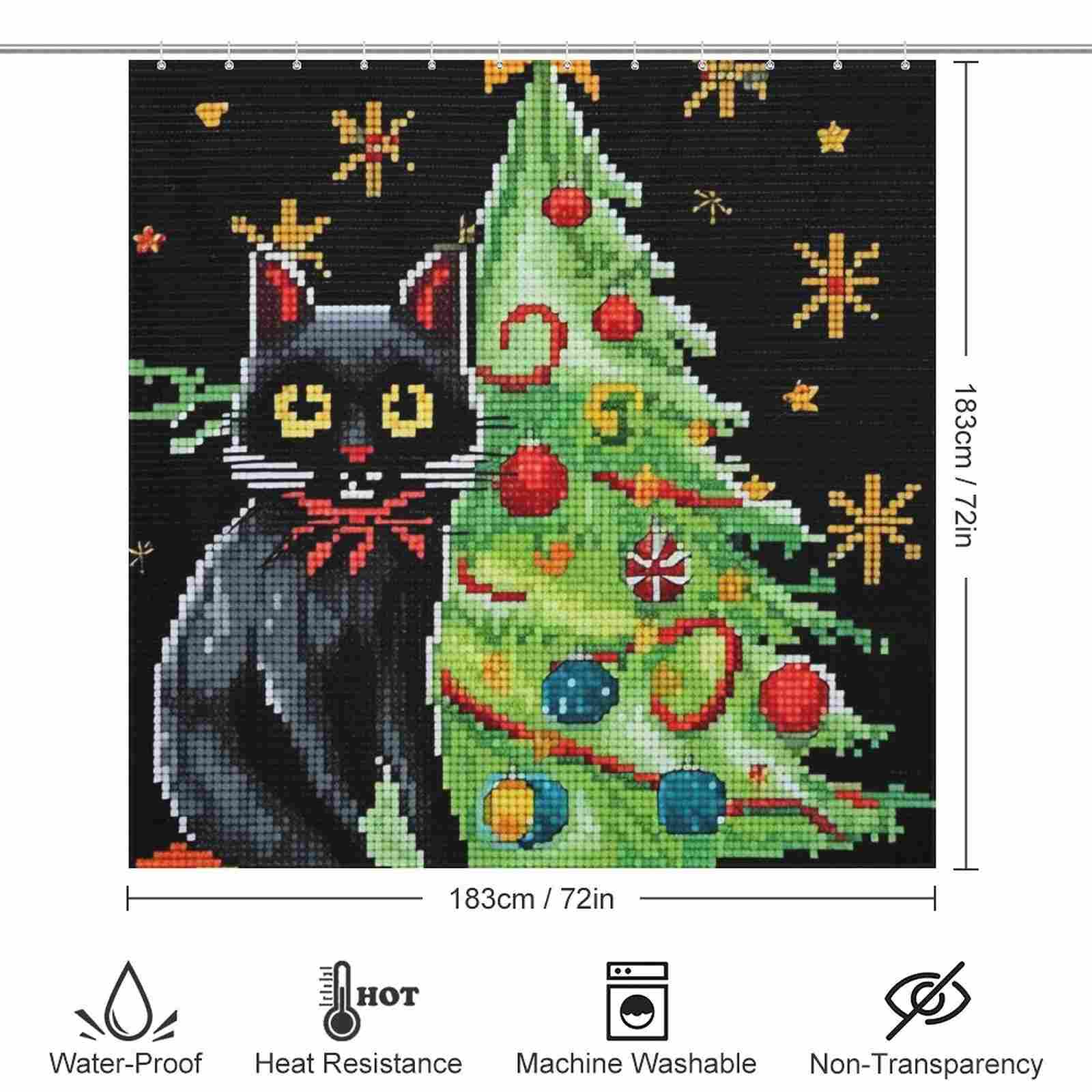 A Funny Mosaic Black Cat Christmas Shower Curtain near a Christmas Tree from the brand Cotton Cat.