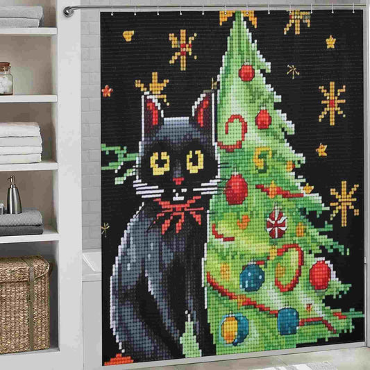 A Funny Mosaic Black Cat Christmas Shower Curtain from Cotton Cat, perfect for the holiday season.