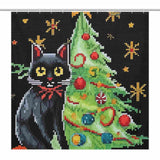 A Funny Mosaic Black Cat Christmas Shower Curtain by Cotton Cat near a Christmas tree.