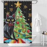 A Funny Mosaic Black Cat Christmas Shower Curtain by Cotton Cat, perfect for the holiday season.