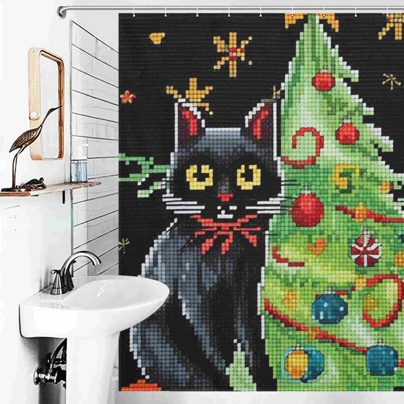 A bathroom with a Cotton Cat Funny Mosaic Black Cat Christmas shower curtain featuring a Funny Christmas tree design.