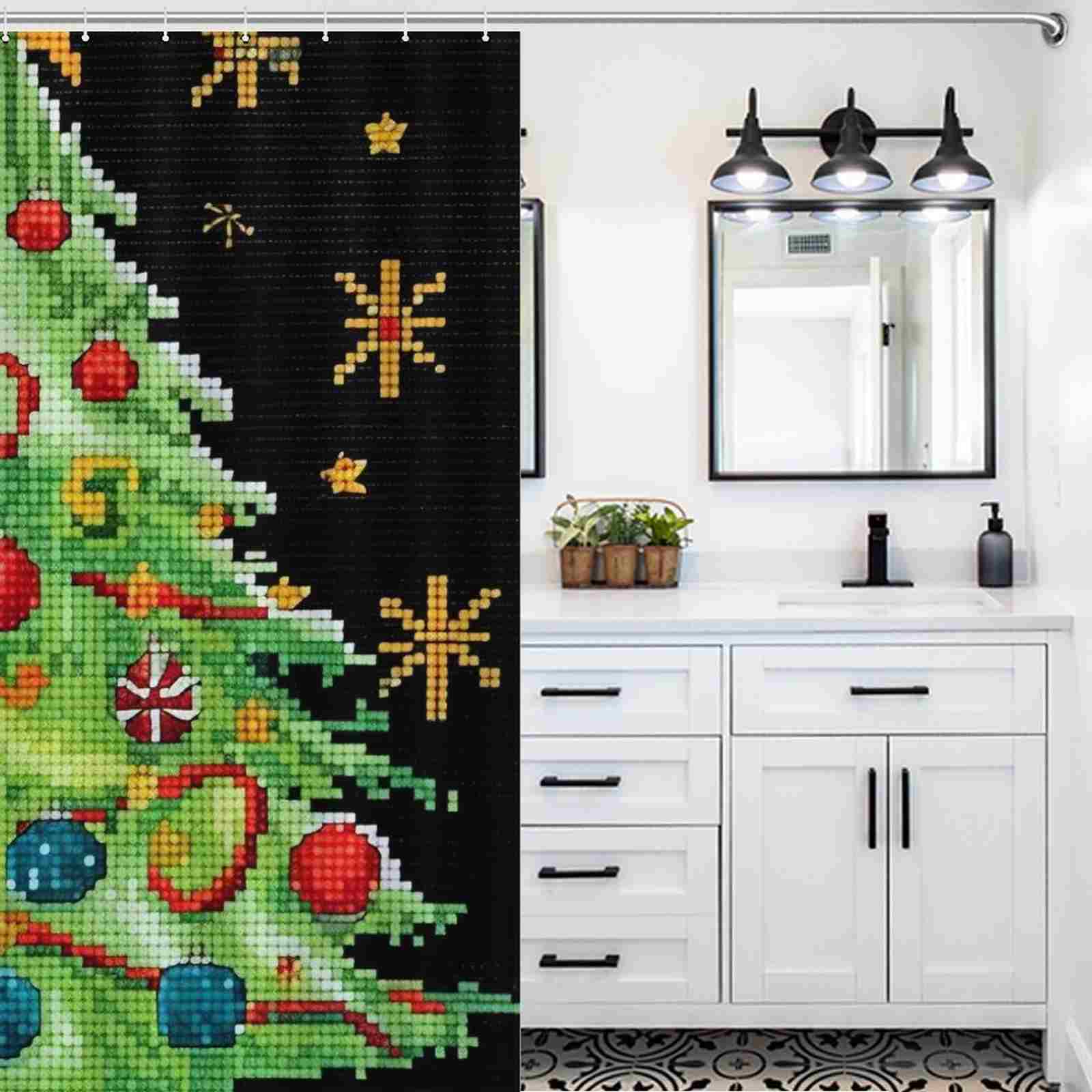 A bathroom with a Funny Mosaic Black Cat Christmas Shower Curtain by Cotton Cat.