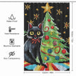 A Funny Mosaic Black Cat Christmas Shower Curtain by Cotton Cat near a Christmas tree with instructions.