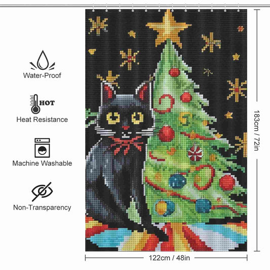 A Funny Mosaic Black Cat Christmas Shower Curtain by Cotton Cat near a Christmas tree with instructions.