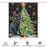 A Funny Mosaic Black Cat Christmas Shower Curtain by Cotton Cat with a mosaic design nearby a Christmas tree.