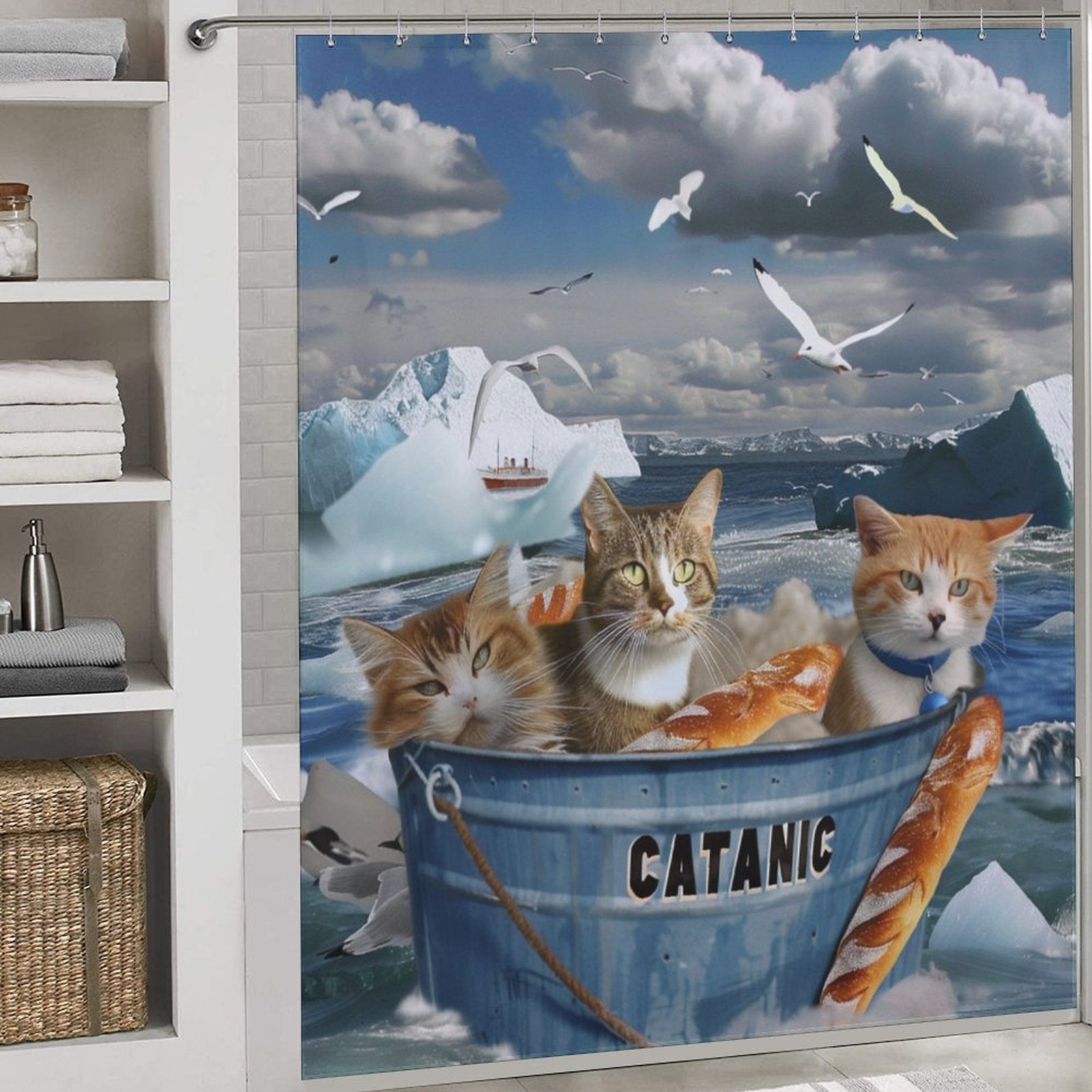 Funny Sea Seagull Cat Shower Curtain