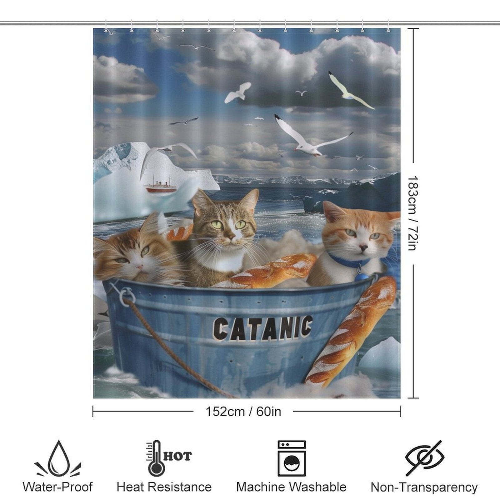 Funny Sea Seagull Cat Shower Curtain